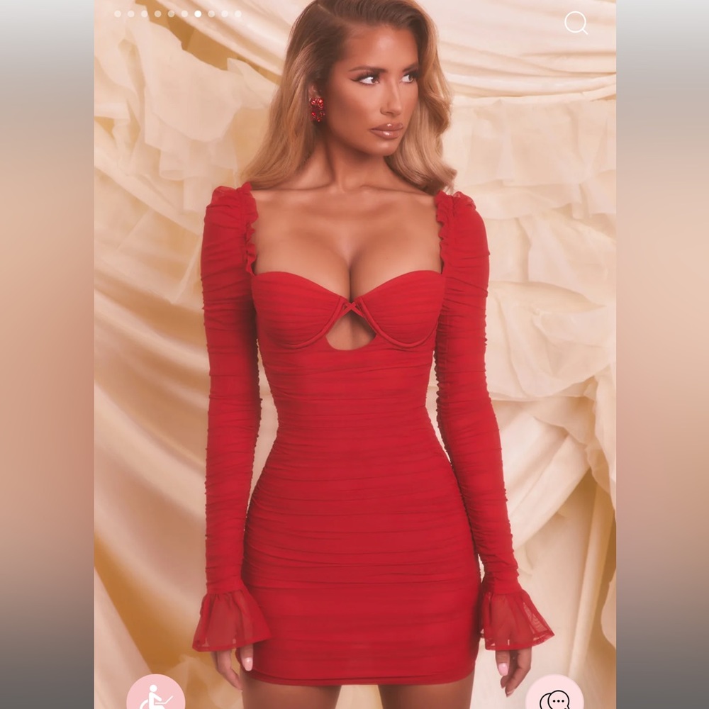 Oh Polly-
True For You Ruched Mesh Cut Out Mini Dress in Red